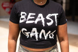 Black Beast Gang crop top with white lettering worn by Jamie Frances