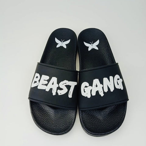 Beast Gang Black Slides with butterfly logo and "beast" on the right slide "gang" on the left
